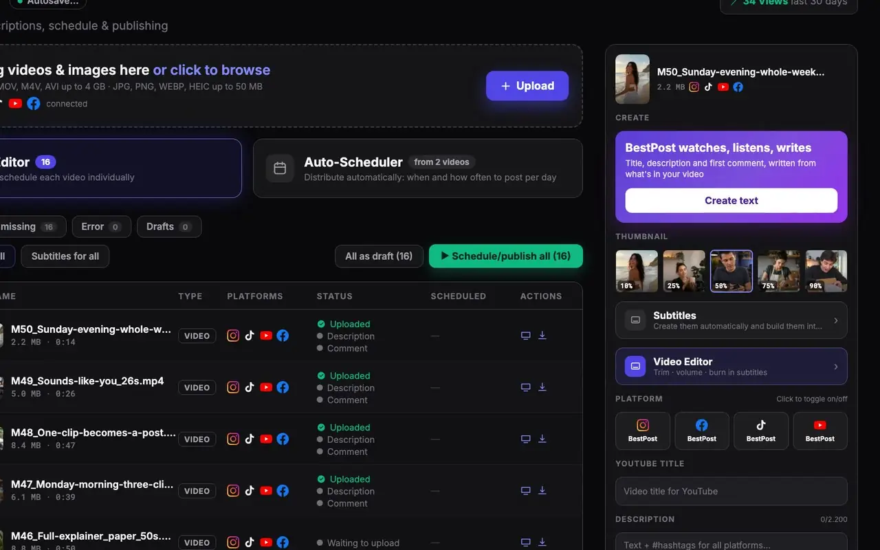 BestPost watches, listens and writes the title, description and first comment.