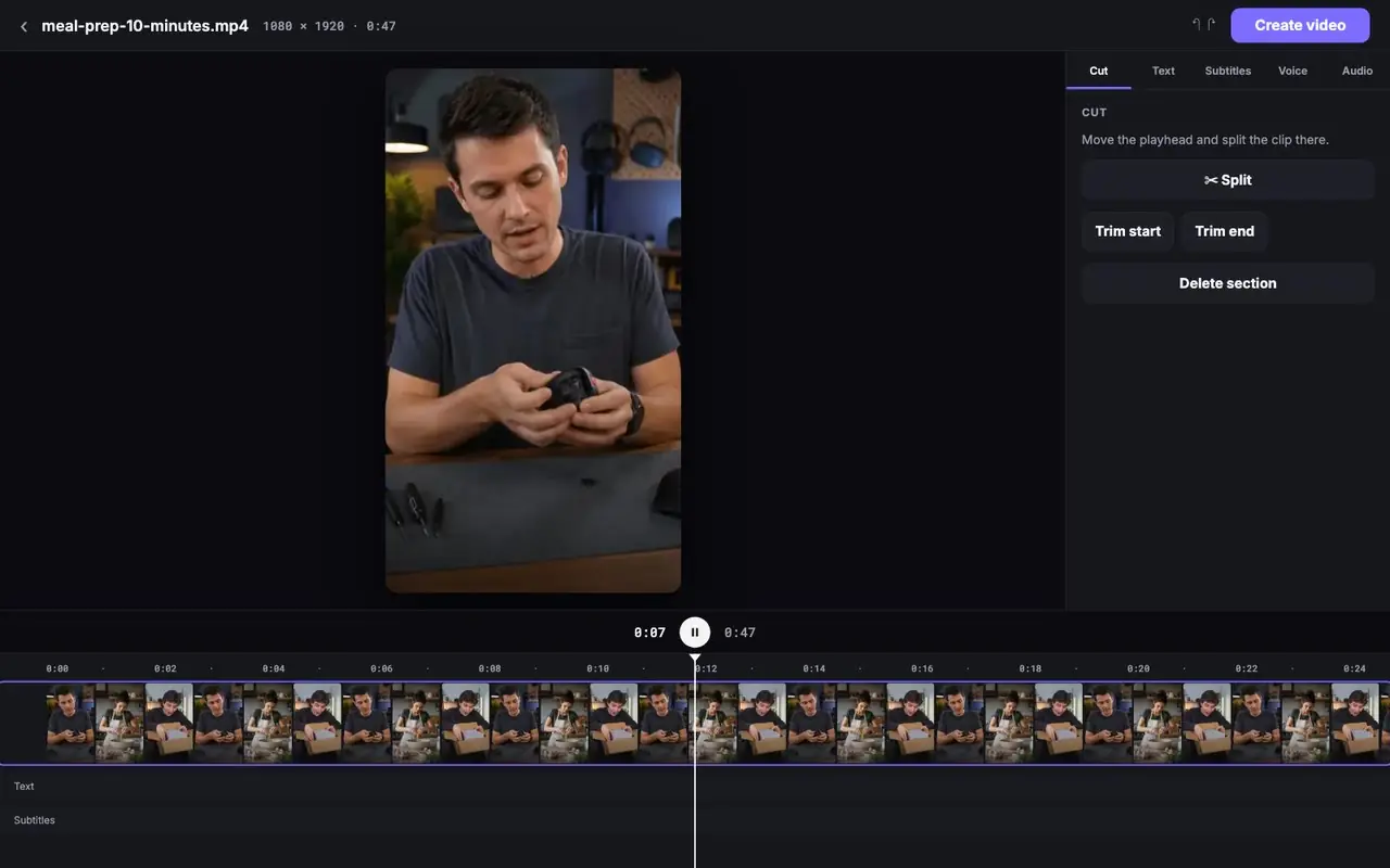 Split the clip, add text and create the video